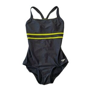 Speedo Colorblock Lime Ultraback One-Piece Swimsuit 12 Black Neon Yellow 723058K